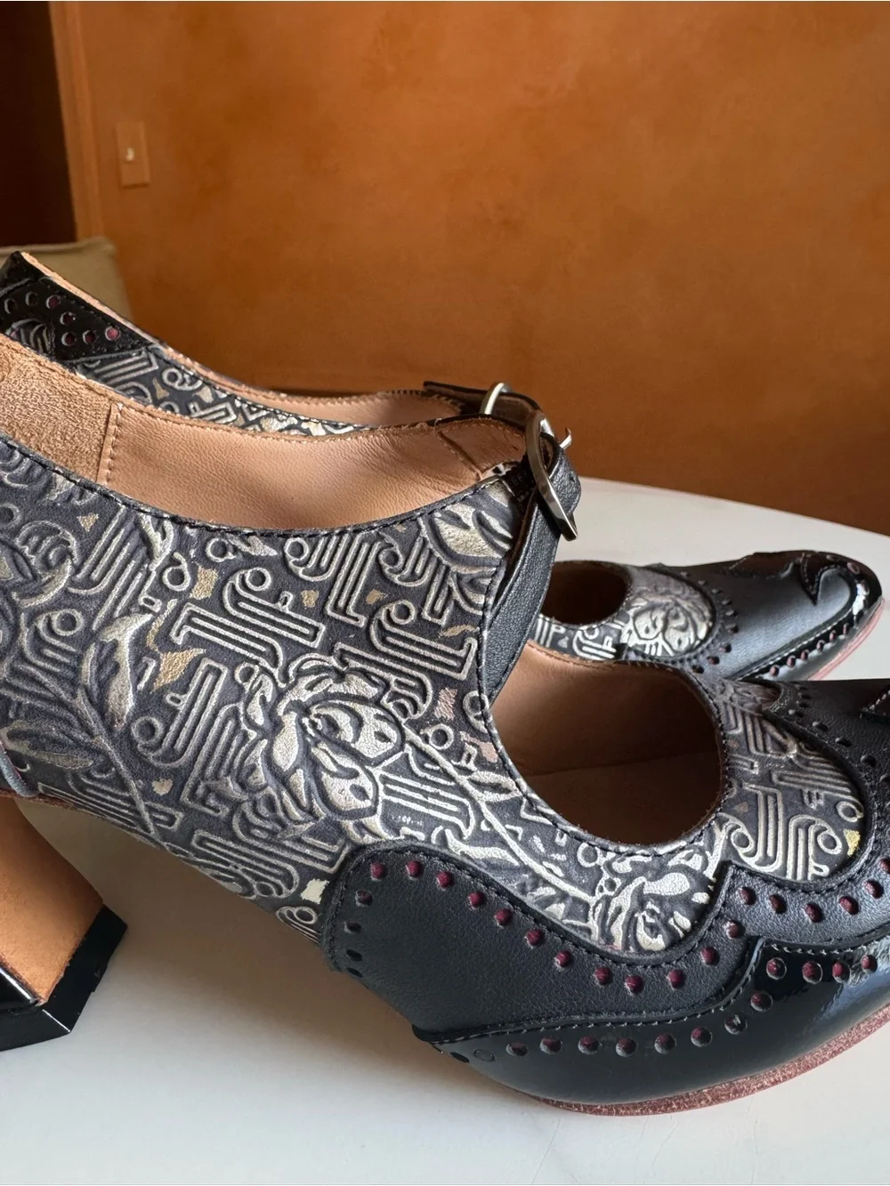 John Fluevog Boudicca Big Presence Black Silver Mary Jane Heels 7